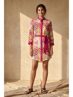 First Resort by Ramola Bachchan - Pink And White Chevron Shirt Dress (Set of 2)