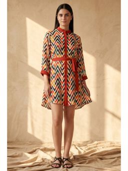 First Resort by Ramola Bachchan - Red And White Chevron Shirt Dress (Set of 2)