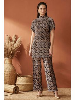 First Resort by Ramola Bachchan - Beige Animal Print Top And Pleated Palazzo Set (Set of 2)