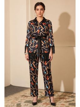 First Resort by Ramola Bachchan - Black Chain Print Shirt And Palazzo Pants Set (Set of 3)