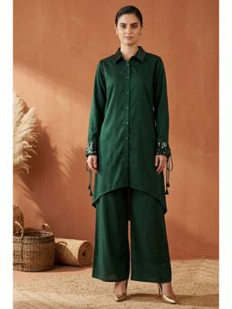 First Resort by Ramola Bachchan - Bottle Green Sequinned Shirt Dress And Leg Pants (Set of 2)
