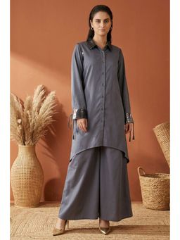 First Resort by Ramola Bachchan - Grey Sequined Shirt Dress And Wide Leg Pants (Set of 2)
