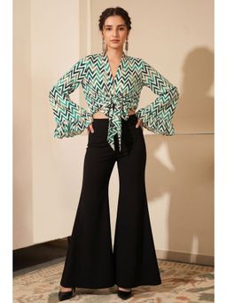 First Resort by Ramola Bachchan - Green And White Top And Bell Bottom Pants Set (Set of 2)