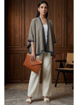 First Resort by Ramola Bachchan - Stone Grey & Blue Short Knitted Cashmere Jacket