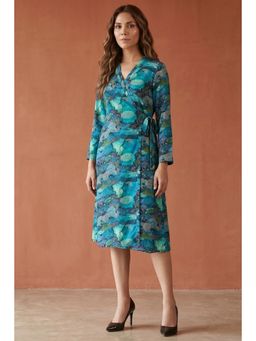 First Resort by Ramola Bachchan - Blue & Green Sea Jungle Print Wrap Around Dress