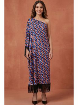 First Resort by Ramola Bachchan - Blue & Mustard One Shoulder Geometric Print Dress (Set of 2)