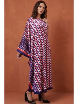 First Resort by Ramola Bachchan - Coral Pink & Blue One Shoulder Geometric Print Dress (Set of 2)