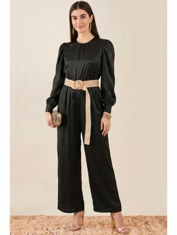 First Resort by Ramola Bachchan - Black Textured Jumpsuit with Velvet Belt (Set of 2)