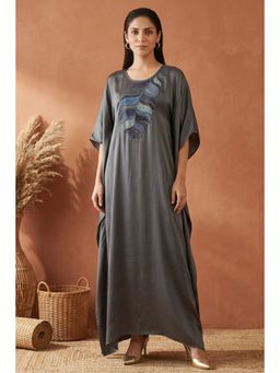 First Resort by Ramola Bachchan - Dark Grey Embroidered Flared Sleeves Kaftan Dress