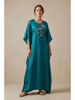 First Resort by Ramola Bachchan - Teal Embroidered Flared Sleeves Kaftan Dress