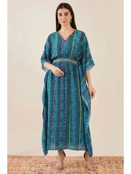 First Resort by Ramola Bachchan - Blue Animal Print Silk Flared Sleeves Kaftan Dress