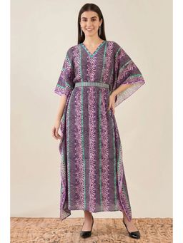 First Resort by Ramola Bachchan - Mauve Animal Print Silk Flared Sleeves Kaftan Dress