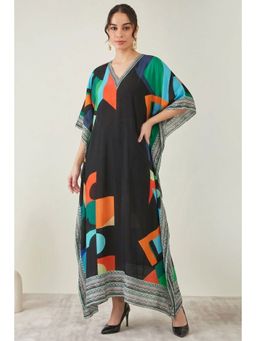First Resort by Ramola Bachchan - Black Graphic Art Print Flared Sleeves Kaftan Dress