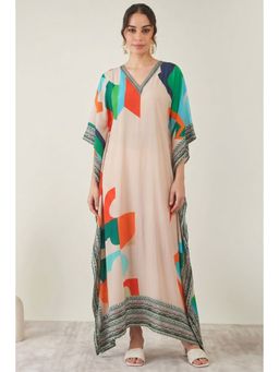 First Resort by Ramola Bachchan - Peach Graphic Art Print Flared Sleeves Kaftan Dress
