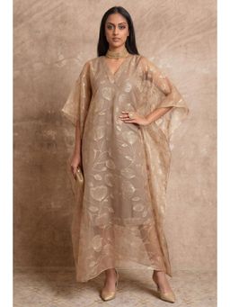 First Resort by Ramola Bachchan - Gold Floral Embossed Organza Kaftan Dress with Satin Slip (Set of 2)
