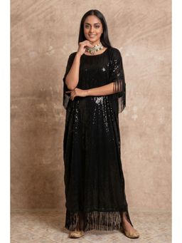 First Resort by Ramola Bachchan - Black Sequin Flared Sleeves Kaftan Dress with Fringe Detail