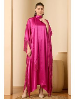 First Resort by Ramola Bachchan - Hot Magenta Flared Sleeves Kaftan Dress with Fringe Detail
