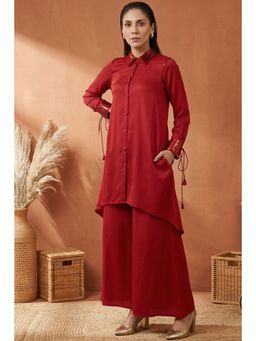 First Resort by Ramola Bachchan - Red Sequinned Shirt Dress & Palazzo Co-Ord (Set of 2)