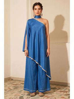 First Resort by Ramola Bachchan - Azure Blue Asymmetric Top & Palazzo Co-Ord (Set of 2)