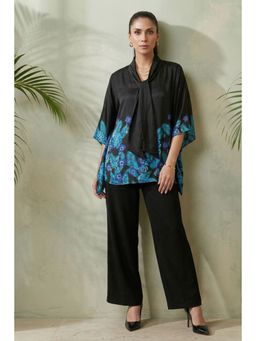 First Resort by Ramola Bachchan - Black & Blue Floral Bow Tie Top & Pant Co-Ord (Set of 2)