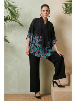 First Resort by Ramola Bachchan - Black & Pink Floral Bow Tie Top & Pant Co-Ord (Set of 2)
