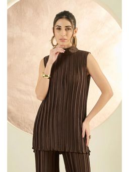 First Resort by Ramola Bachchan - Brown Sleeveless Turtle Neck Box Pleated Top