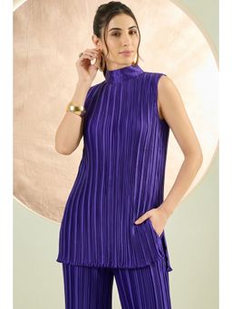 First Resort by Ramola Bachchan - Purple Sleeveless Turtle Neck Box Pleated Top