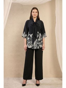First Resort by Ramola Bachchan - Black & White Floral Bow Tie Top