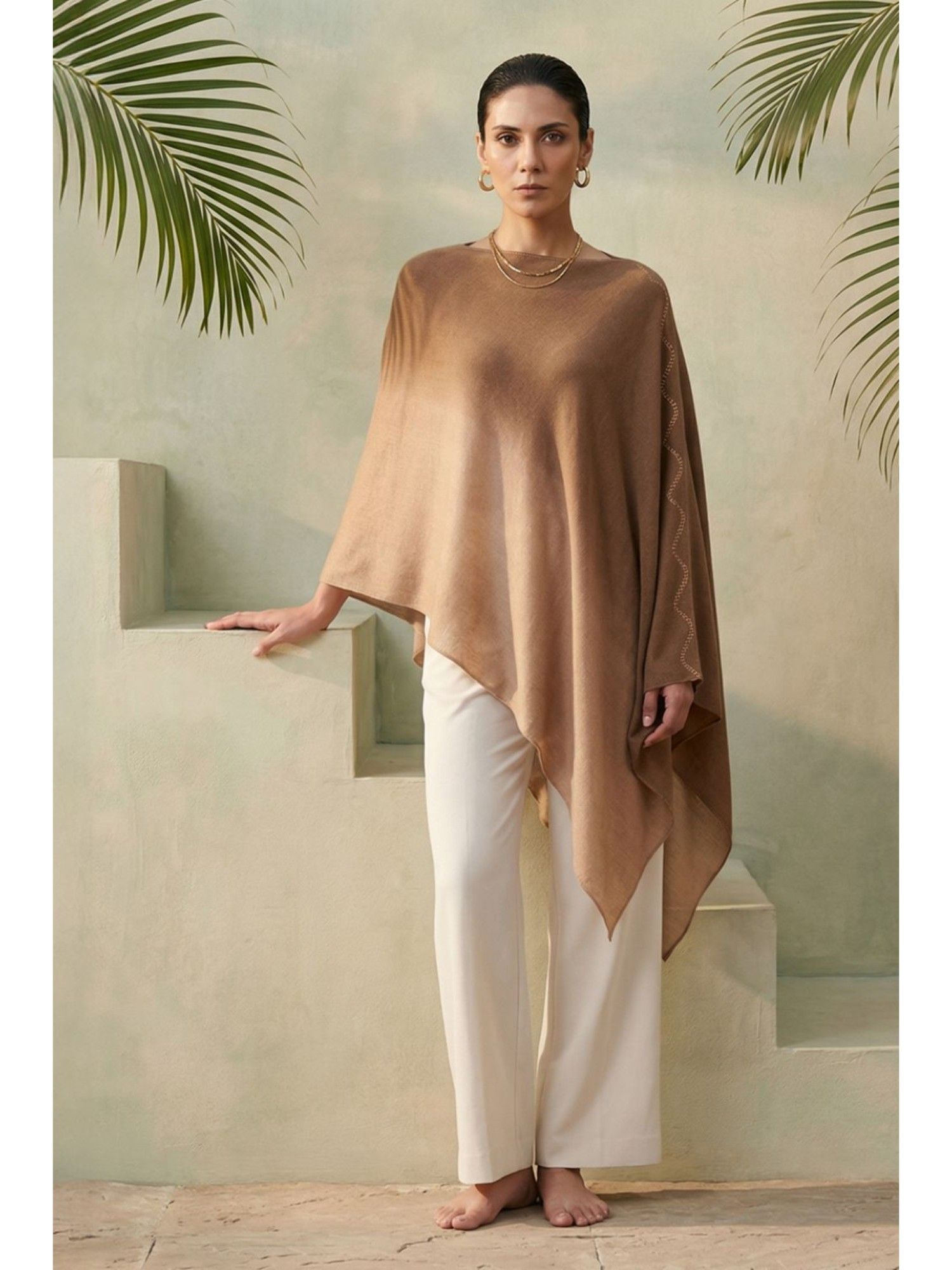 Brown Ombre Asymmetrical Embellished Cashmere Poncho-picture-10