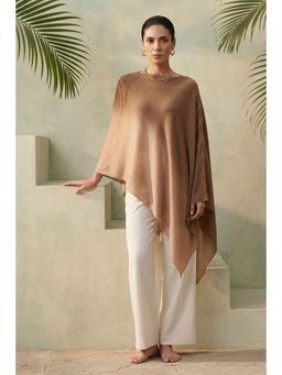First Resort by Ramola Bachchan - Brown Ombre Asymmetrical Embellished Cashmere Poncho