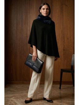 First Resort by Ramola Bachchan - Black Asymmetrical Fur Collar Cashmere Poncho
