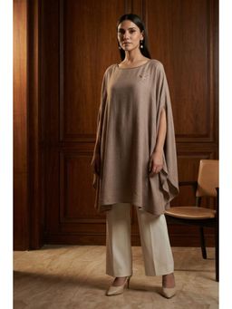 First Resort by Ramola Bachchan - Taupe Embellished Long Cashmere Poncho