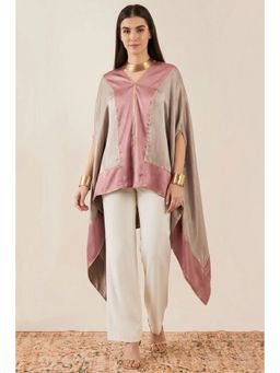 First Resort by Ramola Bachchan - Grey Satin Asymmetrical Top with Dusty Rose Border