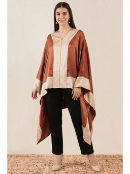First Resort by Ramola Bachchan - Rust Satin Asymmetrical Top with Gold Border