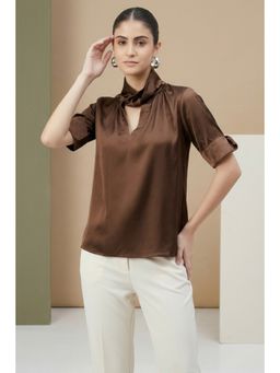 First Resort by Ramola Bachchan - Brown Twisted Embellished Satin Shirt