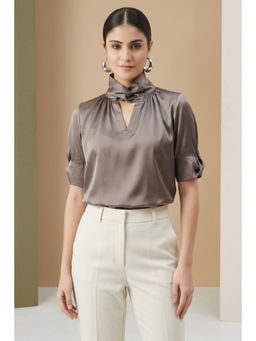 First Resort by Ramola Bachchan - Grey Twisted Embellished Satin Shirt