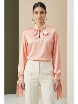 First Resort by Ramola Bachchan - Pink Neck-tie Embellished Satin Shirt