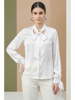 First Resort by Ramola Bachchan - White Neck-tie Embellished Satin Shirt