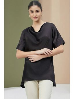First Resort by Ramola Bachchan - Black Cowl Neck Solid Satin Shirt