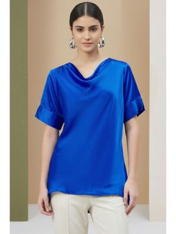 First Resort by Ramola Bachchan - Cobalt Blue Cowl Neck Solid Satin Shirt