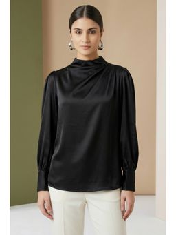 First Resort by Ramola Bachchan - Black Shoulder Pleated Solid Satin Shirt