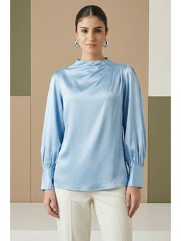 First Resort by Ramola Bachchan - Blue Shoulder Pleated Solid Satin Shirt