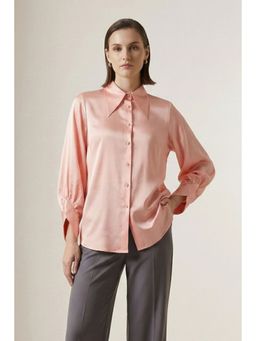 First Resort by Ramola Bachchan - Pink Long Collar Embellished Satin Shirt