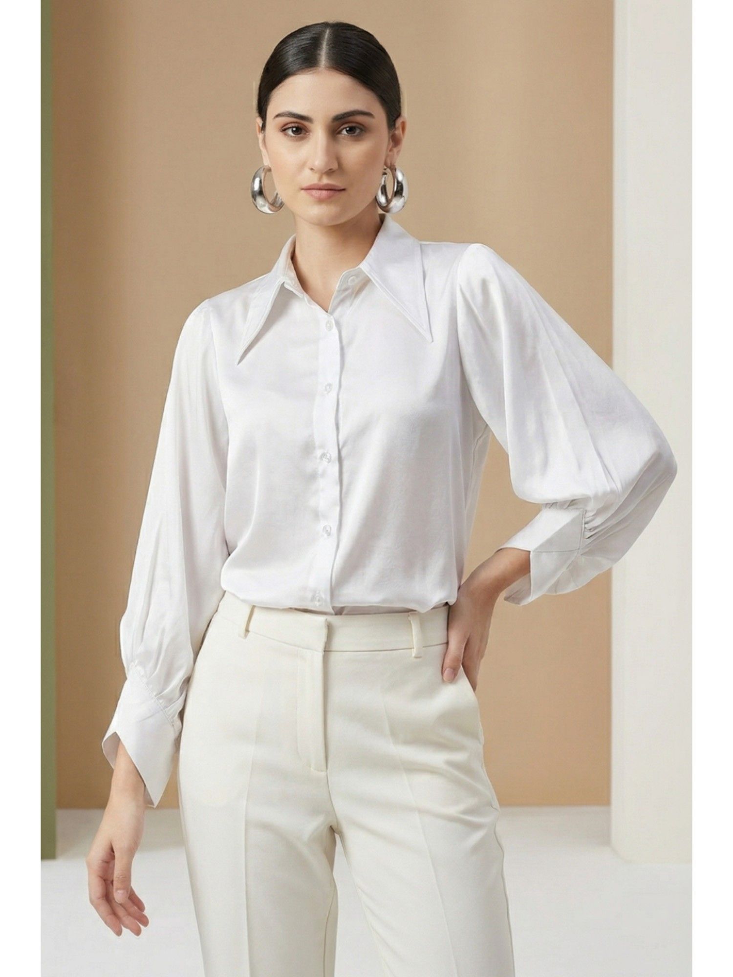 White Long Collar Embellished Satin Shirt-picture-35