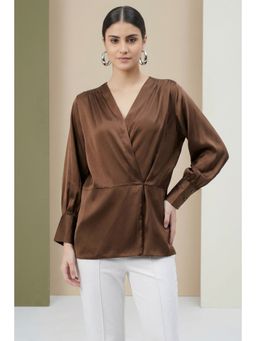 First Resort by Ramola Bachchan - Brown Wrap Embellished Satin Shirt