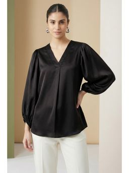 First Resort by Ramola Bachchan - Black V-neck Embellished Satin Shirt