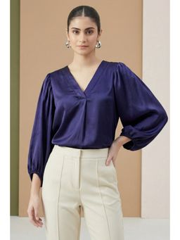 First Resort by Ramola Bachchan - Navy Blue V-neck Embellished Satin Shirt