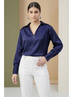 First Resort by Ramola Bachchan - Navy Blue V-neck Gathered Embellished Satin Shirt