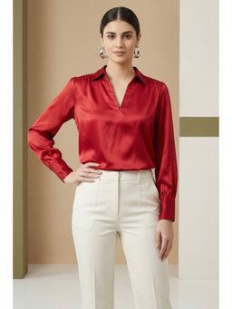 First Resort by Ramola Bachchan - Red V-neck Gathered Embellished Satin Shirt