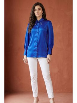 First Resort by Ramola Bachchan - Cobalt Blue Shirt Collar Embellished Satin Shirt